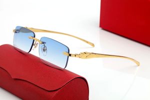レッドファッションサングラスメンズユニセックスバッファローホーンメガネ男性女性リムレスサングラスシルバーゴールドメタルフレーム眼鏡ルネットボックス付き