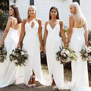 White Plus Size Bridesmaid Dresses Sheath Spaghetti Straps Chiffon Custom Made Front Slit Floor Length Maid Of Honor Gown Beach Wedding Wear 403