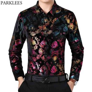 Shiny Floral Print Velvet Dress Shirts Men Slim Fit Long Sleeve Stylish Velour Shirt Mens Social Casual Party Prom Chemise Homme 210522