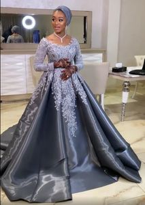 ASO EBI 2021 Arabski Plus Rozmiar Szare Koronki Koronki Suknie Wieczorowe Długie Rękawy A-Line Prom Formalna Party Drugi Reception Suknie ZJ466