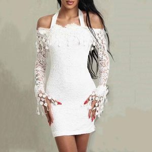 Vestidos casuais 2021 Feminino Renda Patchwork Elegante Branco Magro Manga Longa Ombro Coquetel Festa Clube Bodycon Mini Vestido Lápis Feminino