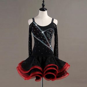 Bühnenkleidung 2021 Latin Dance Kleid Luxus Diamant Lange Ärmel Fishbone Kleider Frauen Mädchen Ballsaal Leistung