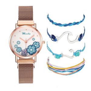 Armbandsur blomma tryck Rose Gold Watch Kvinnor + 4PCS Färgvävning Armband Smycken Ange Milan Mesh Magnetisk Clasp Magnet Wrist