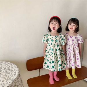 Summer cute girls floral short sleeve dresses Korean style kids Square Collar princess dress clothes 210615