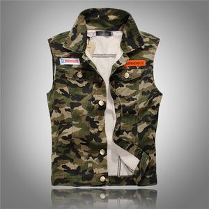 Hot outono homens camuflagem jeans coletes mangas jeans jaquetas moda casual colete masculino camo waistcoats homme m-5xl