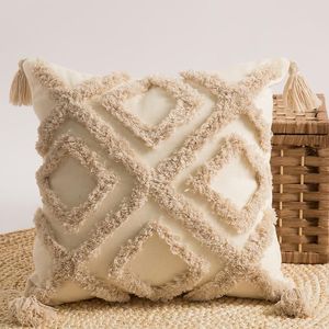 Beige Boho Cushion Cover Morroccan Style Pillowcase With Tassels Home Decor Handmade Woven Pillow For Sofa Living Room Cushion/Decorative