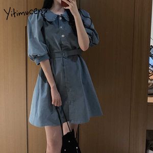 Yitimuceng старинные платья женщины ютные корейские моды с высокой талией мини платье платье слойки рукав офис леди синий сарафан лето 210601