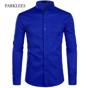 Herrskjorta Casual Slim Fit Stand Collar Mänskjorta Med Ficka Långärmad Fast Färg Mens Klänning T-shirts Bröllop Sociala Skjorta Män 210524