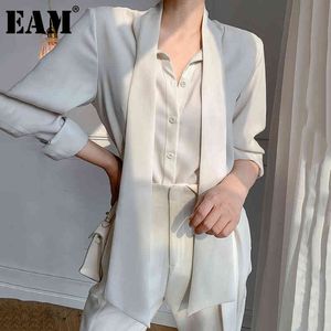 [EAM] Women Beige Chiffon Big Size Bandage Blouse V-collar Long Sleeve Loose Fit Shirt Fashion Spring Autumn 1DD6053 21512