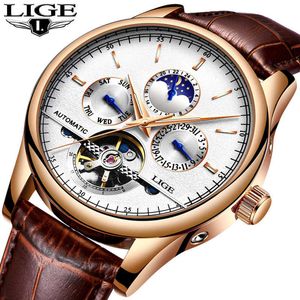 Lige 브랜드 남성 자동 기계식 시계 스포츠 시계 가죽 캐주얼 비즈니스 레트로 손목 시계 릴리스 홈 브레 210527