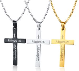 Bible Verse Philippians 4:13 Cross Pendant Necklace Stainless Steel for Men Women Kids 24 Inches Classic Chain 3 Colors Available