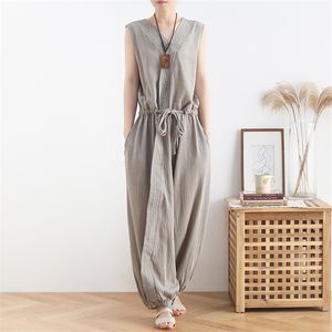 Johnature Frauen Baumwolle Leinen Overalls Vintage Lose Einfarbig Sommer Hohe Qualität Ärmellose Frauen Casual Overalls 210521