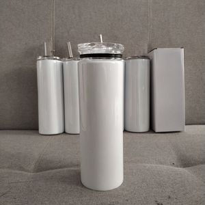 Süblimasyon Boşlukları Tumblers 20 OZ Düz Beyaz Tumbler Silindir Yalıtımlı Su Şişeleri Sıska Vakum Şişesi DIY Ince Kupalar Plastik Saman Ile