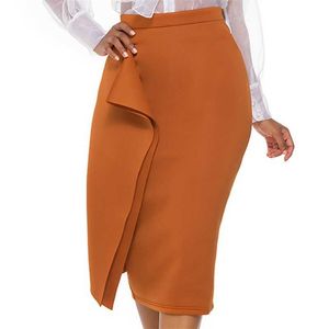 Long Tight Midi Skirt Womens Plus Size Brown Black Solid Color Empire Bodycon Sexy Sheath Office Wear Ladies Party Jupe 210527