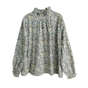 Johnature Women Print Blommor T-shirts Bomull Söt fjäder 10 Färg Turtleneck Långärmad Mori Girl Casual 210720