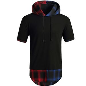 Plaid Splice T Shirt Men Workout Casual Muscle T Shirts Mens Hooded Oversized Hip Hop Tee Shirt Sommar Harajuku Hipster Tops 210524