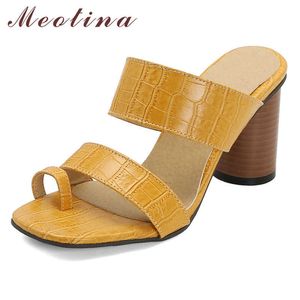 Meotina Slippers Women Flip Flops High Heels Slides Square Toe Thick Heels Shoes Lady Summer Sandals Female Yellow Black Size 12 210608