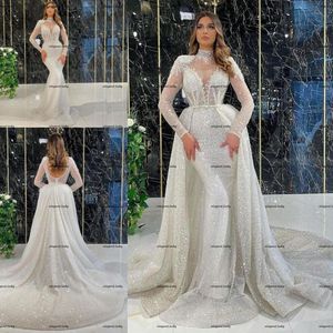 Sparking Long Sleeves Mermaid Wedding Dresses with Detachable Train 2022 Lace Sequined High Neck Backless Bridal Gown Vestido