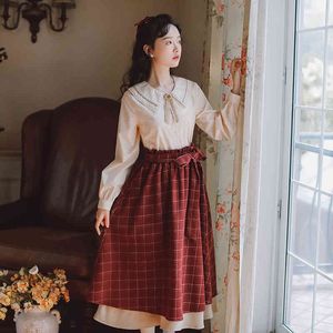 Unique Vintage England style high elastic waist A line Bow tie layers skirts long plaid female (N0056) 210508