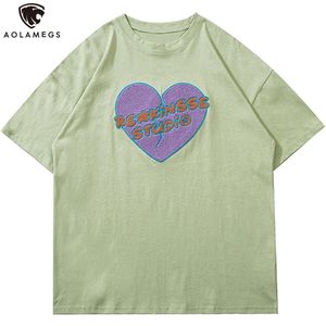 Aolamegs Men's Tee Shirts Hit Color Tearing Heart Letter Patch T-shirt Men Cozy Oversized Tops Harajuku College Style Streetwear 210707