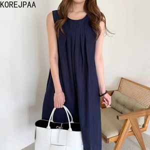 Korejpaa Women Tank Dress Summer Korean Fashion Simple Round Collar Pleat Loose Solid Color Casual Vest Dresses Female 210526