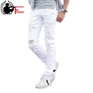 Beyaz Delikli Kot Erkekler Yırtık Moda Skinny Ünlü Tasarımcı Marka Slim Fit Yıkılan Yırtık Jean Pantolon Erkek 210518