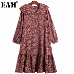 [EAM] Women Red Big Size Printed Ruffles Pleated Dress Peter Pan Neck Long Sleeve Loose Fashion Spring Summer 1DD8216 21512