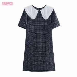 Kobieta Moda Doll Collar Tweed Z Krótkim Rękawem Sukienka Vintage Tekstura Chic Kobiet Mini Suknie Vestidos Mujer 210507