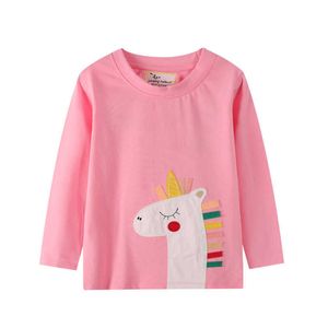 Hoppmätare Ankomst Långärmad Djur T-shirts För Flickor Höst Vår Unicorn Applique Mode Barnkläder 210529