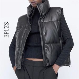 Za mulheres inverno preto quente faux couro colete casual zíper sem mangas jaqueta feminino curto algodão outwear 210521