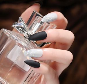 black white color False Nails trips 24pcs pointed sharp with Shiny Sequins glitter Nail Tips Fake Transparent Full Cover Wear Finger Art