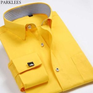 Amarelo algemas francesas vestido camisa homens slim ajuste homens vestido camisas manga longa batente de abotoaduras masculina marca camisa chemise 210522