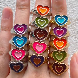 Ins Creative Cute Colorful Double Layer Heart Ring Vintage Drop Oil Metal Love Rings For Women Girls Fashion Jewelry