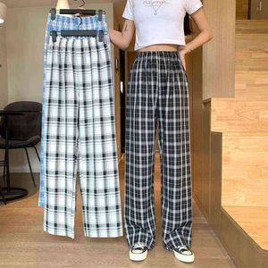 JMPRS Chiffon Summer Women Pants High Waist Fashion Black White Plaid Straight Sweatpants Loose Casual Korean Ladies Trousers Y211115