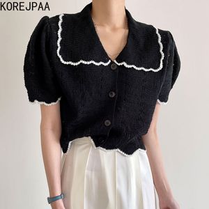 Women Sweater Summer Korean Chic Female Lapel Trim Single-Breasted Hollow Irregular Puff Sleeve Knitted Cardigans 210514