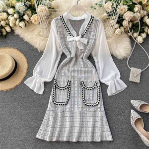 Korean Streetwear Women Elegant Plaid Sweater Dress Autumn Bow Collar Chiffon Patchwork Ruffle Knitted Dresses Robe Femme 210514