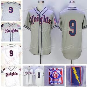 Mens New York Knights Jersey # 9 Roy Hobbs Grigio Bianco The Natural Movie Bernard Malamud Stitched The film 1839-1939 Centennial Baseball Maglie 4XL