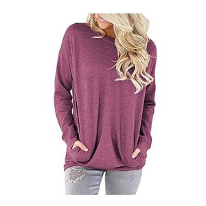 Fashion Women Summer Pocket long Sleeve Shirt Ladies Round Neck Loose Casual Solid Tee Shirts Top 210522