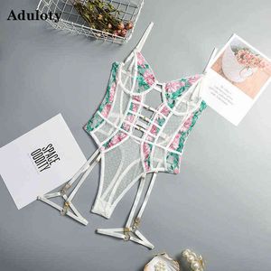 NXY sexy set Lace Harness Bodysuit Embroidery Flower's Mesh Gauze Perspective Women's Underwear Erotic Lingerie Underwire Gather Bra Garter 1127