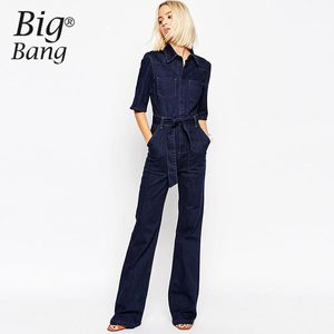 Kvinnors Jumpsuits Rompers Partihandel - Kvinnor 2021 Sommar och höst Jean Byxor Bälte Midja Fickor Lång Jumpsuit Denim Trousers M1605