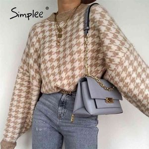 Women geometric khaki knitted sweater women casual Houndstooth lady pullover sweater female Autumn winter retro jumper 210917