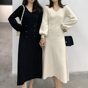 Casual Dresses Woherb French V-neck Temperament Knit Dress Women Vintage Hepburn Style Long Sleeve Vestidos Double Breasted Slim Design