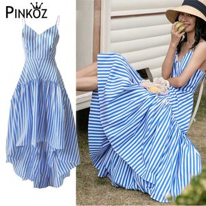 designer stilig blå randig spaghetti strap sommar asymmetrisk maxi klänning ruffles semester fest strand robe mujer 210421