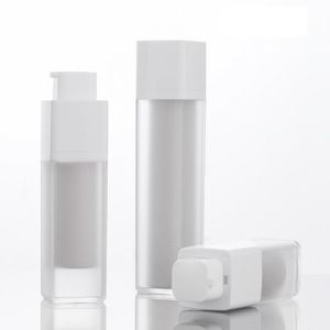 Bottiglie di stoccaggio Vasetti Lozione Bottiglia vuota airless PET Plastica glassata Doppio strato ispessito Quadrato 15ml 30ml 50ml Pompa Contenitore cosmetico