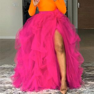 Gonne 2021 Gonna lunga tutù in tulle rosa per le donne Puffy High Split Prom Ball Gown Piano Lunghezza Increspato Plus Size