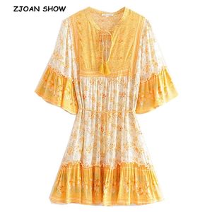 Bohemian Orange Cherry Blossom Flower Print Dress Ethnic Woman Summer Tassel Lacing up Half Sleeve Short dress Dresses 210429