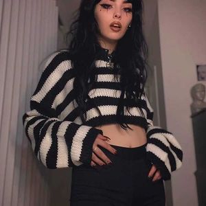 Harajuku retro tröja svart vita ränder lös o-nacke kort stil exponerad navel kvinnor tröja söta vintage pullovers x0721