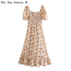 Мода французский старинный квадратный воротник слоеного рукава цветочное платье лето тонкий высокий талию сплит праздник длинная юбка женщина 210508