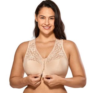 Damskie zamknięcie przednie Bezprzewodowe Pełna figura Racerback Lace Plus Size Bra 210623