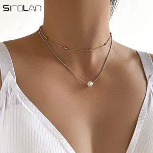 Pendant Necklaces Sindlan Double Layer Vintage Silver Color Chain Pearl Necklace For Women Charm Geometric Female Choker Fashion Jewelry